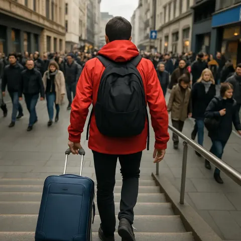 Person in a Red Jacket with a Backpack Pulling
