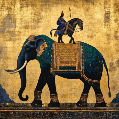 Gilded Horse Standing Atop a Colossal Elephant