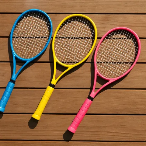 Three Vibrant Tennis Rackets Placed Diagonally on a Wooden Background