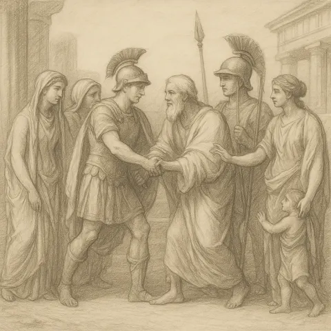 Classical-style Pencil Sketch Depicting a Group of Figures in Ancient