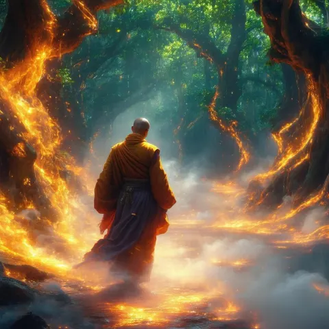 Monk Guiding a Lost Soul Through Mystical Limbo
