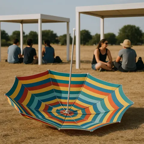 Striped Umbrella Lying Upside Down on Dry Grass with People
