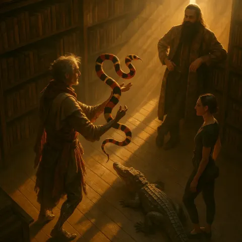 Within a Library of Floor-to-ceiling Dark Wood Bookshelves