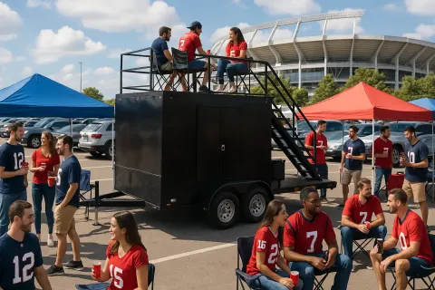Lively Outdoor Tailgate Scene Featuring a Black Trailer with Rooftop