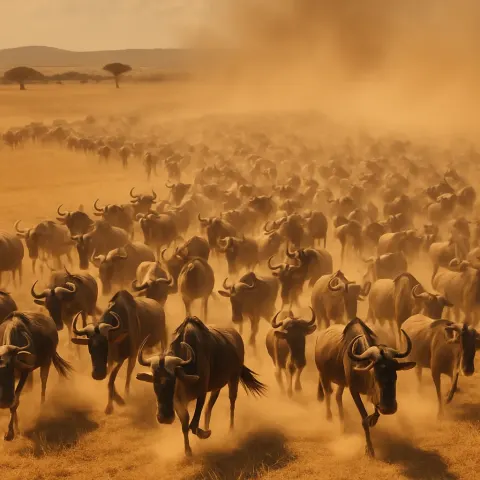 Vast Herd of Wildebeest Kicks Up a Colossal Dust Cloud