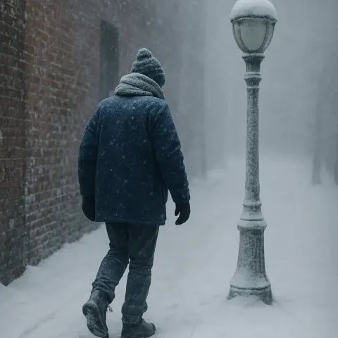 Figure Bundled Against the Cold Navigates Snowy Sidewalks
