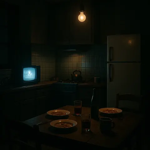 Dimly Lit Kitchen with a Small Television
