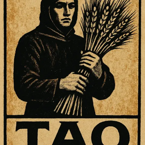 Person in Dark Clothing Holding a Bundled Sheaf of Wheat