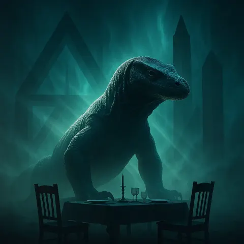 Komodo Dragon Looms over a Dining Table
