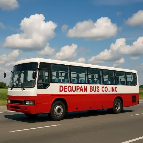 Red and White Passenger Bus Marked "Degupan Bus Co., Inc."