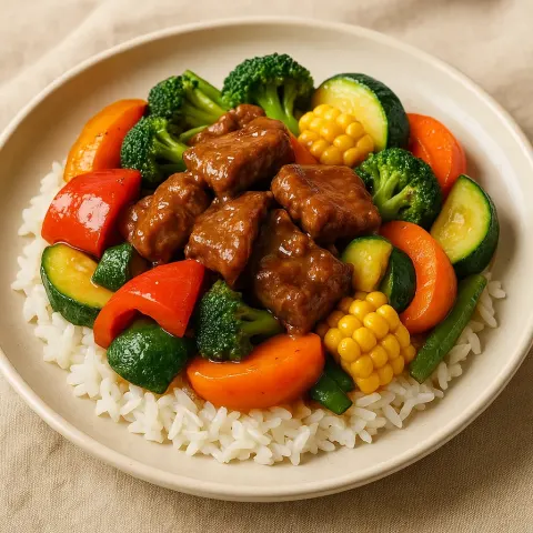Dish Showcasing Tender Meat and Vibrant Vegetables Arranged