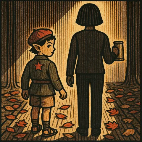 Child Whose Mid-20th-century Revolutionary-inspired Attire and Sandals Are Visible