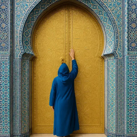 Person in a Blue Robe Reaches Up to Ornate