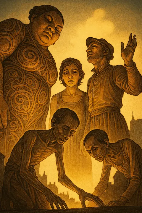 Dramatic Warm Underlighting Brightly Illuminates Four Interacting Figures