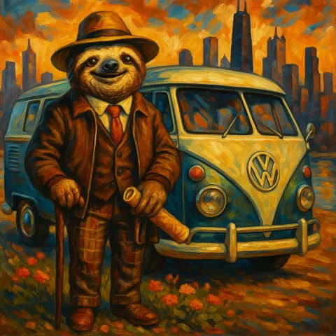 Iconic VW Van Rests in a Cityscape Backdrop