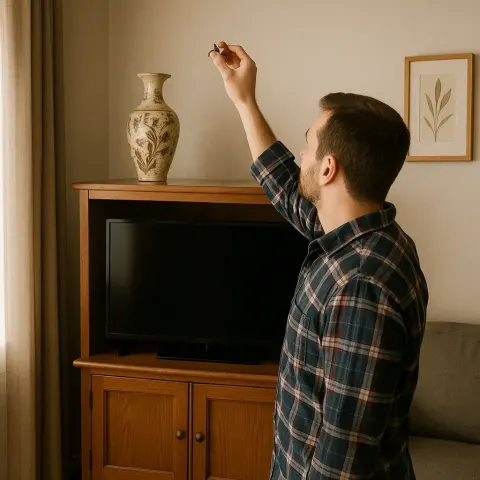 Man in a Plaid Shirt Raises a Small Object