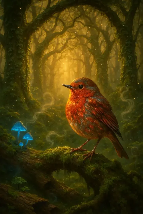 Robin Rested on a Branch Draped in Moss