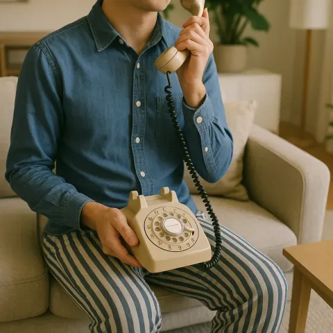 Person Wearing a Denim Shirt and Striped Pants Sits