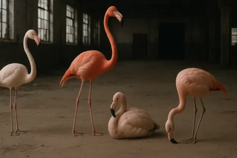 Four Distinct Flamingos—an Adult Large Greater Flamingo Poised on One