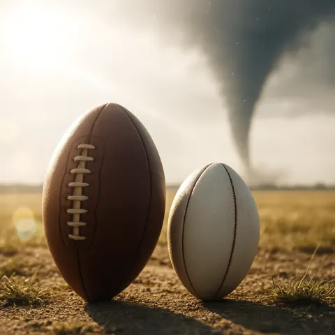 Two Varied Rugby Balls Tower from Ground Level under High-key