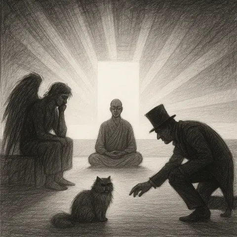 Strong Backlighting and Volumetric Rays Silhouette a Pencil-sketched Scene Where