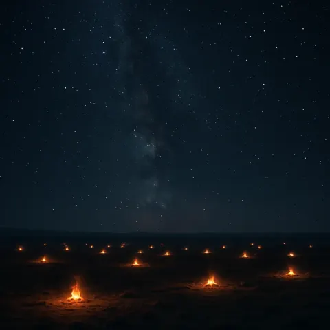 Many Distant Campfires Flicker Like Scattered Embers Across a Vast
