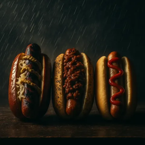 Three Distinct Hotdogs Rest Within a Low-key