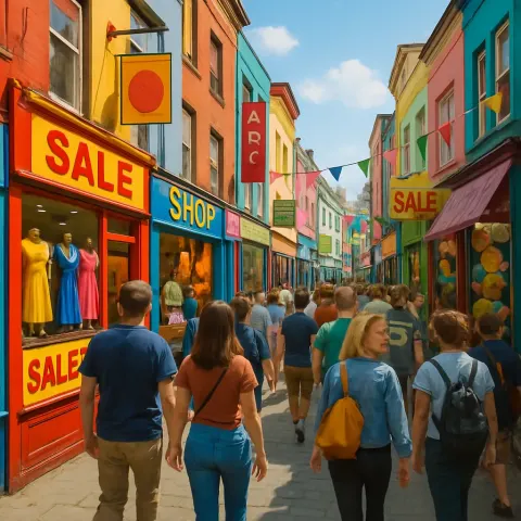 Lively Road Lined with People Strolling Past Energetic Shops
