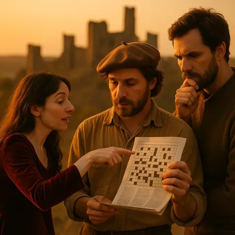 Petite Woman in Velvet Gestures Towards a Corrected Crossword Puzzle