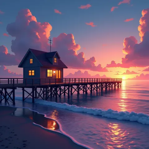 Golden Hour Pier and Cozy House in Vector