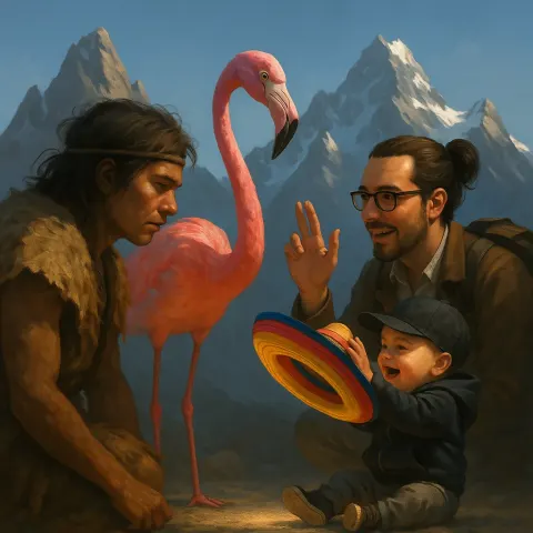 Non-binary Presenting Prehistoric Figure in Rugged Attire Intently Observes