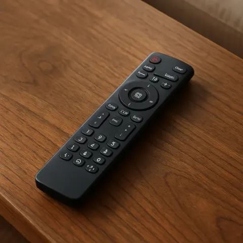Modern Black Remote Control Resting on a Wooden Coffee Table