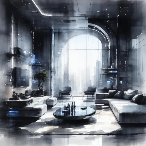 Ink Wash Cyberpunk Apartment in Fluid Chiaroscuro