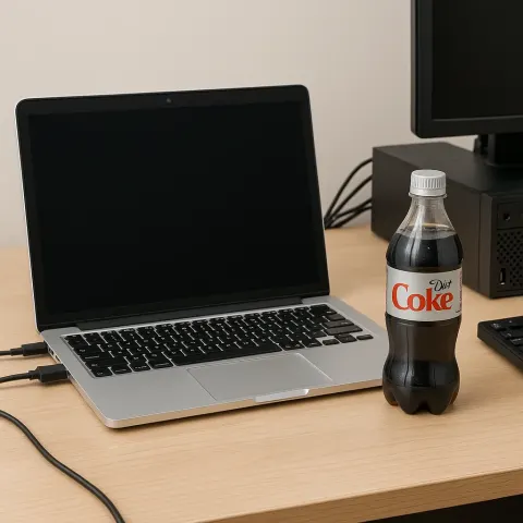 Laptop with Connected Cables on a Desk Beside a Diet
