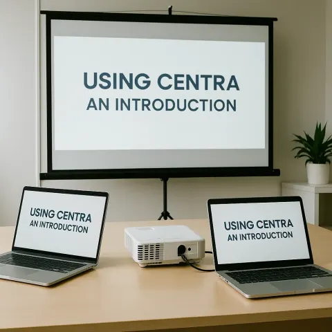 Two Laptops and a Projector Display a Presentation Titled "Using