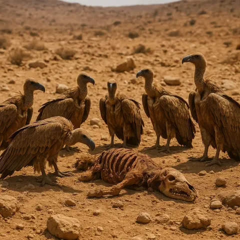 Group of Vultures Surrounding a Carcass in a Dry Environment