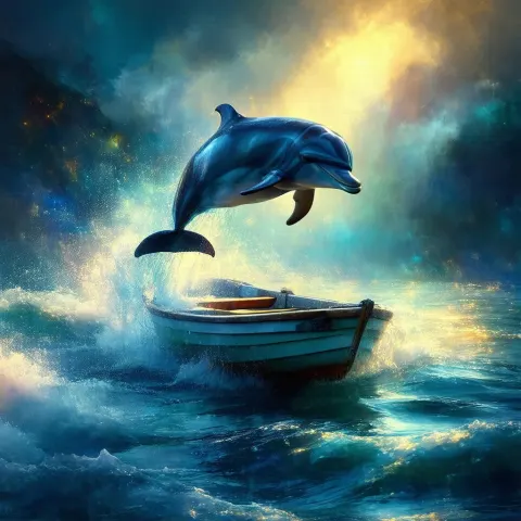 Dolphin Leaping Over a Rowboat in Enchanted Seas
