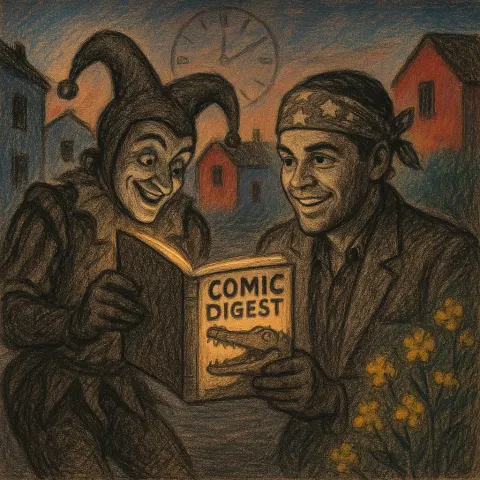 Charcoal-sketched Roaring Twenties Jester Shows a TV Star