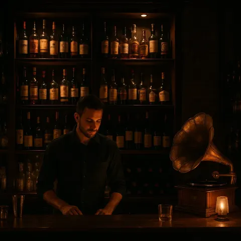 Dimly Lit Bar with Shelves of Liquor Bottles and Wine