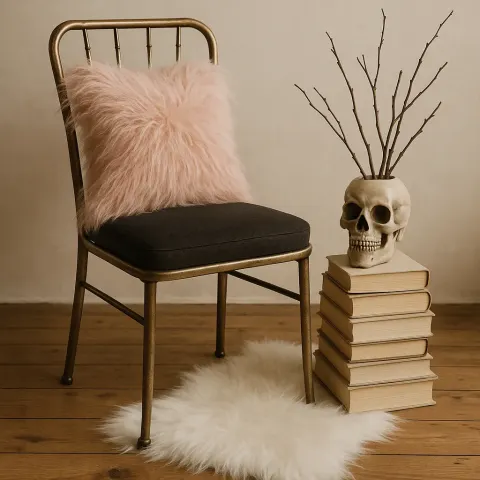 Vintage Metallic Chair with a Dark Cushion and a Pink