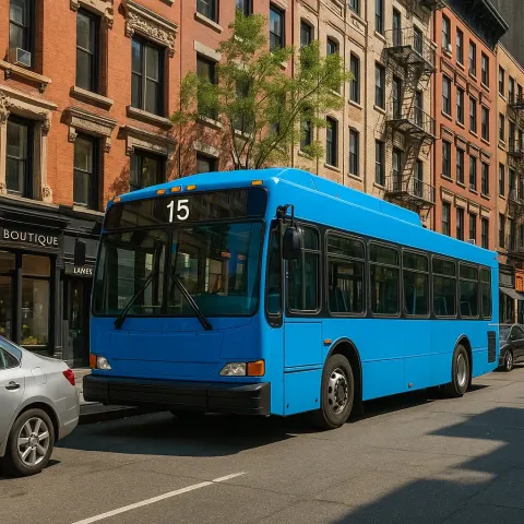 Vivid Blue Bus Is Halted on a Bustling City Street