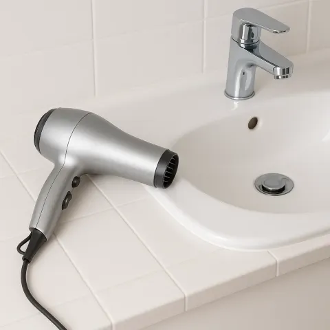White Bathroom Sink with a Silver Hairdryer