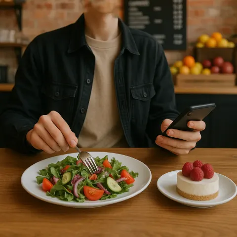 Person Seated at a Table with a Plate of Salad