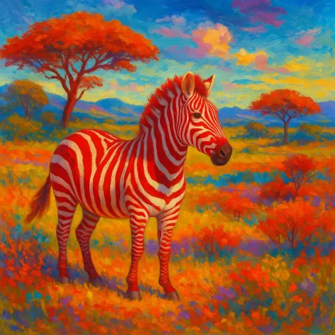 Zebra with Crimson Stripes Standing in a Colorful