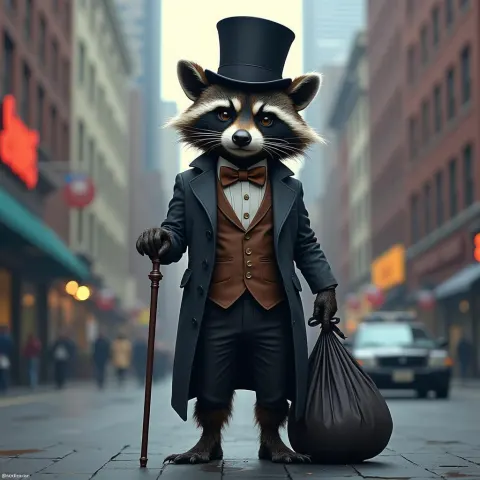Dapper Raccoon With Top Hat and Garbage Bag