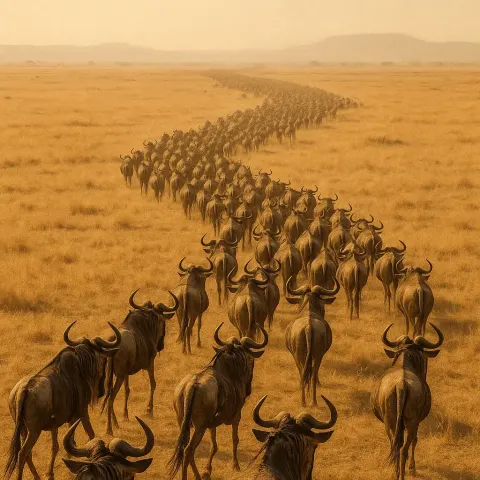 Seemingly Endless River of Countless Wildebeest Flows Across a Vast