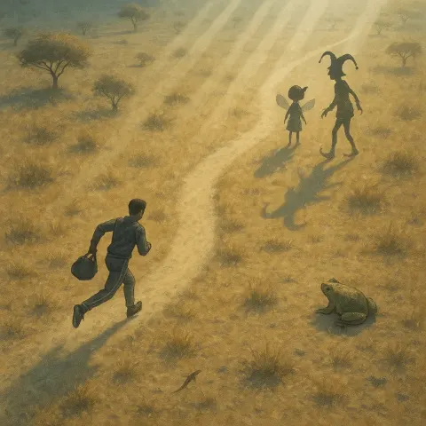 Dusty Path Winds Off-center Through a Sun-bleached Savanna Bathed
