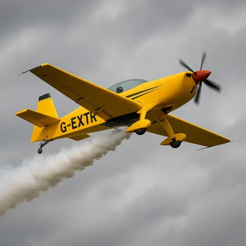 Yellow Aerobatic Airplane with the Registration "G-EXTR" Releases Smoke Trails
