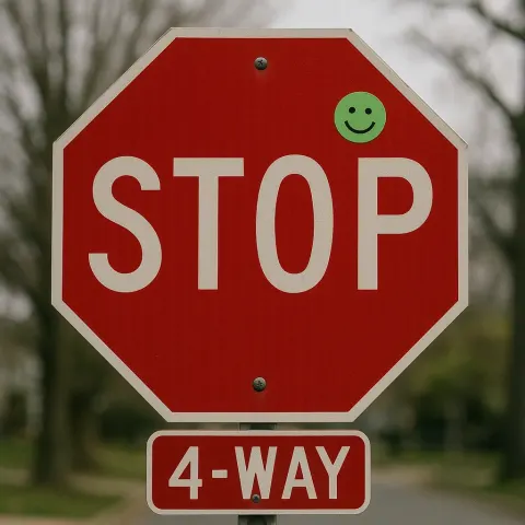 Red Stop Sign with a Small Green Smiling Face Sticker