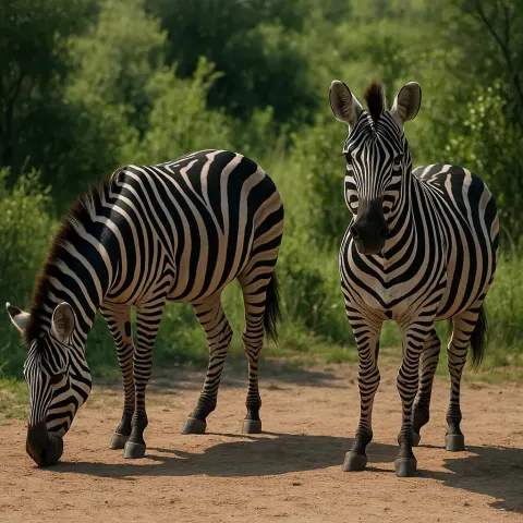 Two Zebras Standing on Dry Ground Surrounded by Greenery
